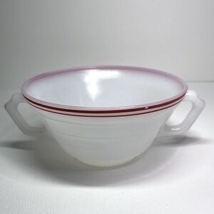 Vintage Hazel Atlas Platonite Milk Glass Double-Handled Bowl with Red Pinstripes